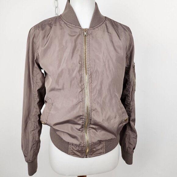 Forever Flower Champagne Brown Zip Front Satin Bomber Jacket 90s Y2K Womens S - Picture 1 of 7